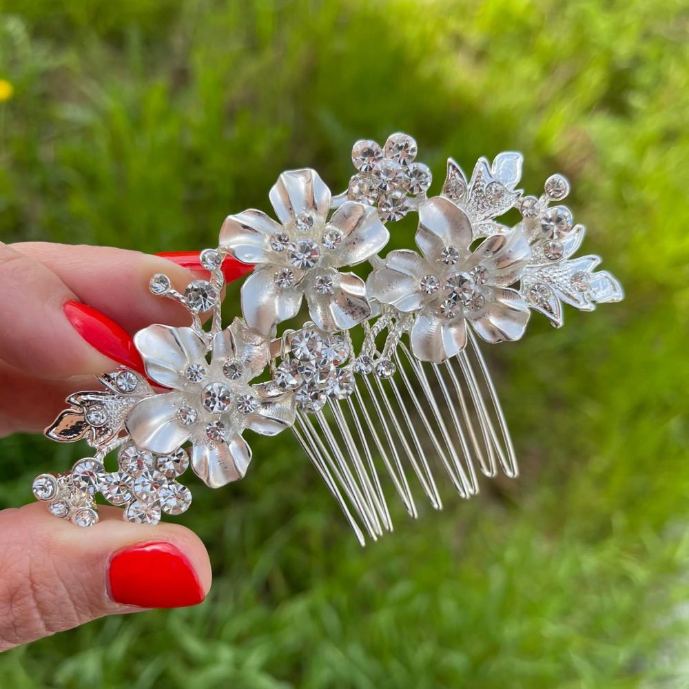 '' White Silver '' χτενάκι με λουλούδια από σμάλτο και λαμπερά κρύσταλλα! - Image 7