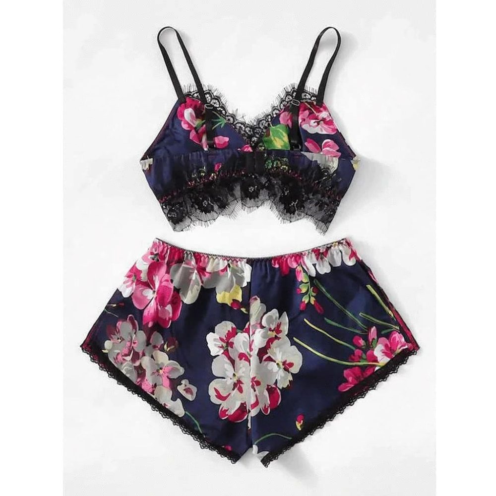 Μπλέ σατέν baby doll με φλοράλ μοτίβο - Image 3