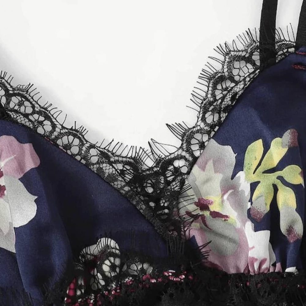 Μπλέ σατέν baby doll με φλοράλ μοτίβο - Image 4