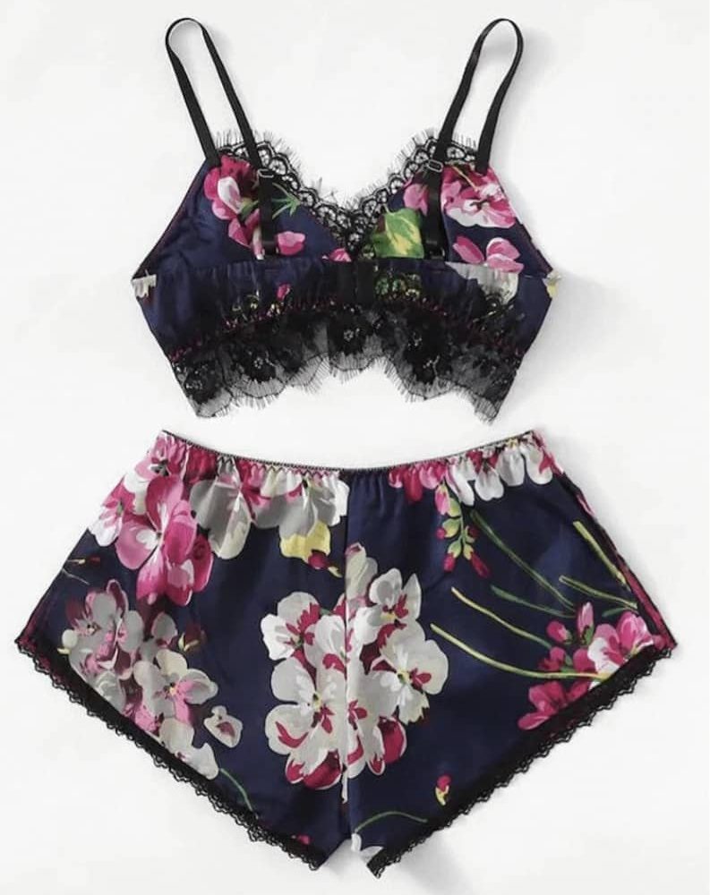 Μπλέ σατέν baby doll με φλοράλ μοτίβο - Image 5